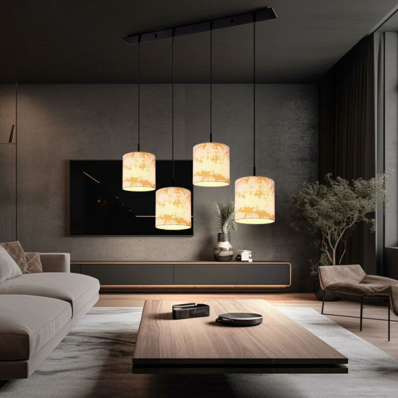foto del prodotto lampada a sospensione con paralume in tessuto bianco oro lampada da sala da pranzo lampada a sospensione nera, 4x prese e27, lxlxa 100x20x150 cm