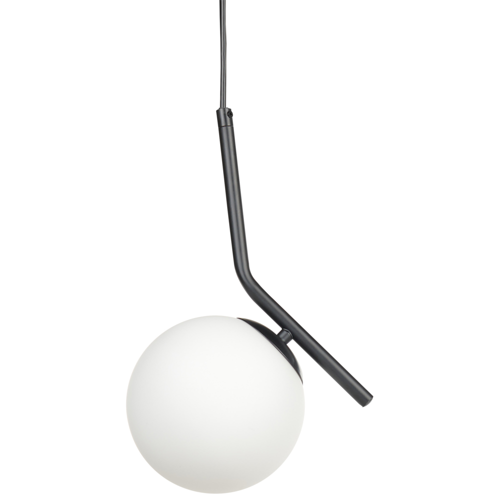 foto del prodotto lampada a sospensione con paralume in vetro bianco e nero, struttura in asta di ferro, singola luce, design moderno, accessorio per la casa adatto al soggiorno.