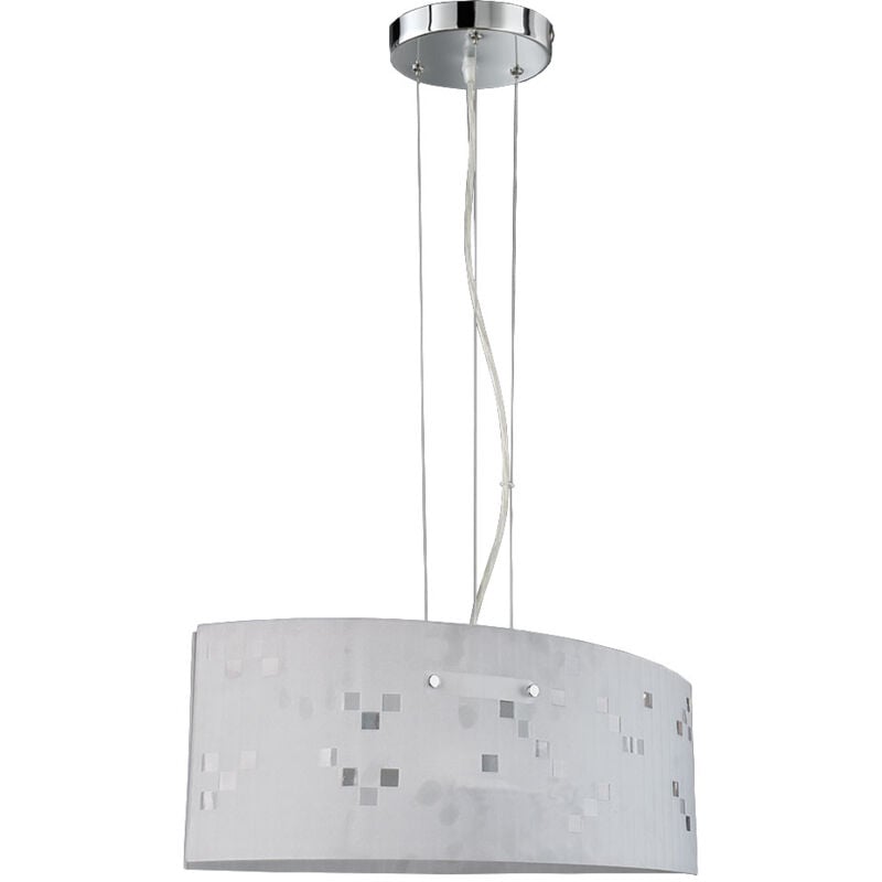 foto del prodotto lampada a sospensione con paralume in vetro, paralume opalino, lampada da soggiorno, cucina, metallo, vetro satinato, attacco 2x e27, lxpxa