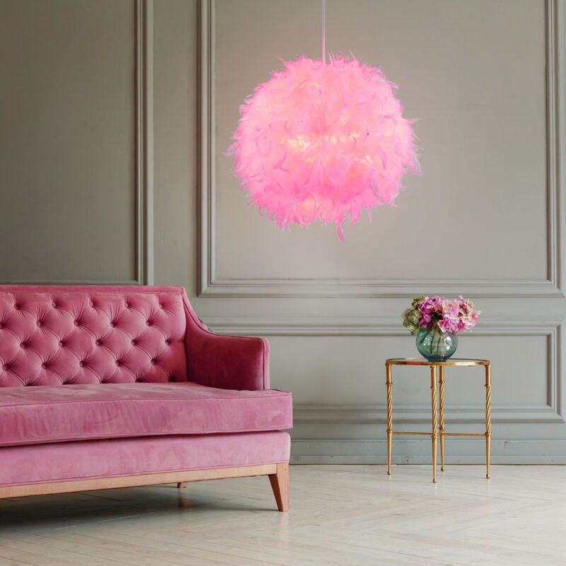 foto del prodotto lampada a sospensione con piume a sfera, lampada a piume rosa, lampada a sospensione per cameretta dei bambini, tessuto metallo, 1x attacco e27, dxh