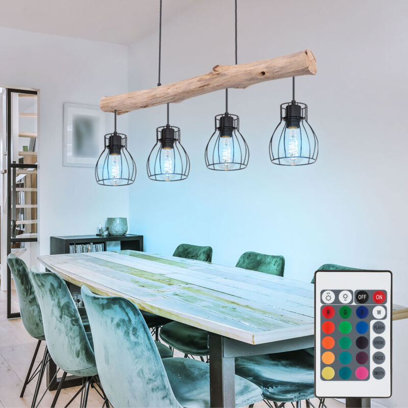 foto del prodotto lampada a sospensione con telecomando a trave di legno a soffitto dimmerabile in un set che include lampadine a led rgb