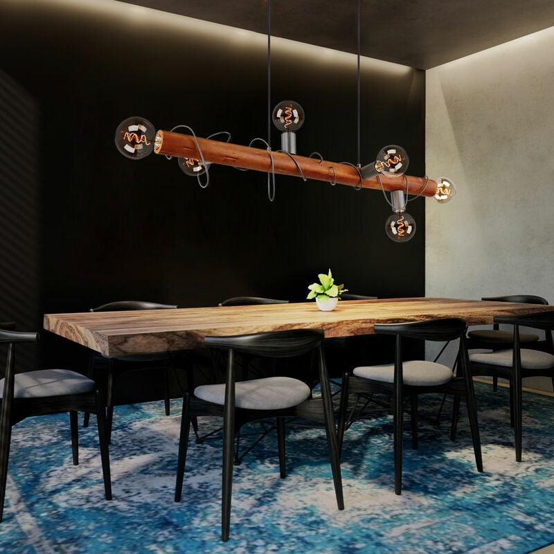 foto del prodotto lampada a sospensione con trave in legno per sala da pranzo, lampada a sospensione in legno, regolabile in altezza, metallo, 6 prese e27, lxlxa
