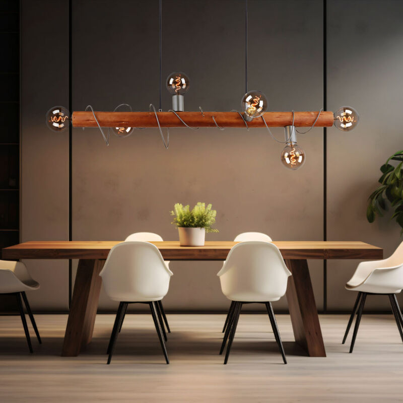foto del prodotto lampada a sospensione con trave in legno per sala da pranzo, lampada a sospensione in legno, regolabile in altezza, metallo, 6 prese e27, lxlxa