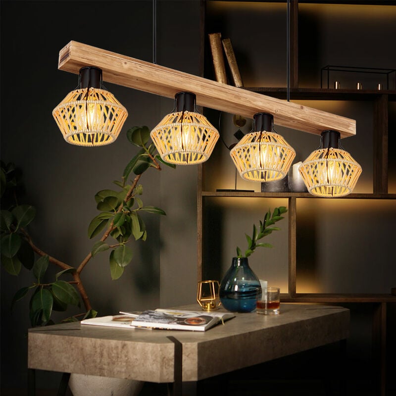 foto del prodotto lampada a sospensione con travi in legno di canapa, lampada a sospensione a 4 fiamme, lampada da tavolo da pranzo, effetto legno, tonalit di canapa