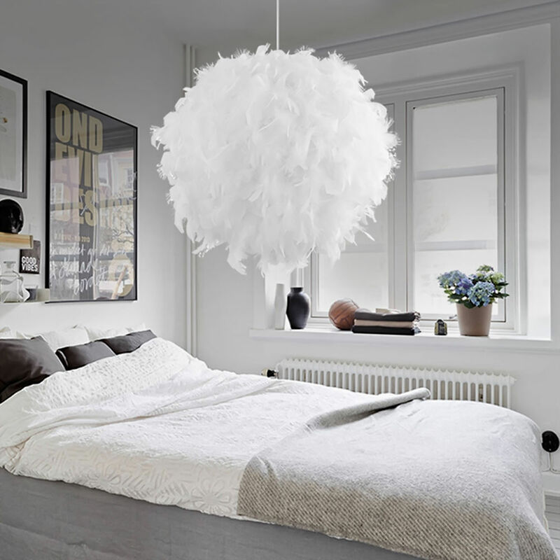 foto del prodotto lampada a sospensione creativa, lampadario moderno con paralume in piuma, plafoniere romantiche bianco, 30cm 