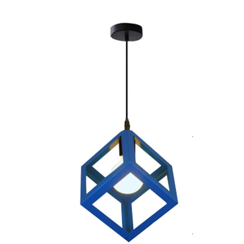 foto del prodotto lampada a sospensione creativo lampada da soffitto cubo lampadario con gabbia metallica e27 para soggiorno cucina camera da letto blu