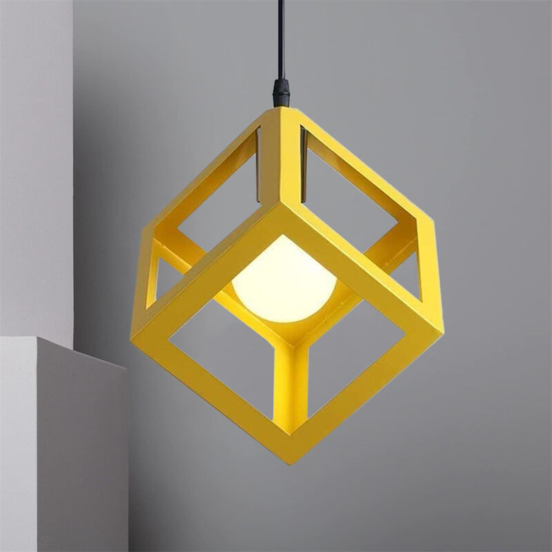 foto del prodotto lampada a sospensione creativo lampada da soffitto cubo lampadario con gabbia metallica e27 para soggiorno cucina camera da letto giallo