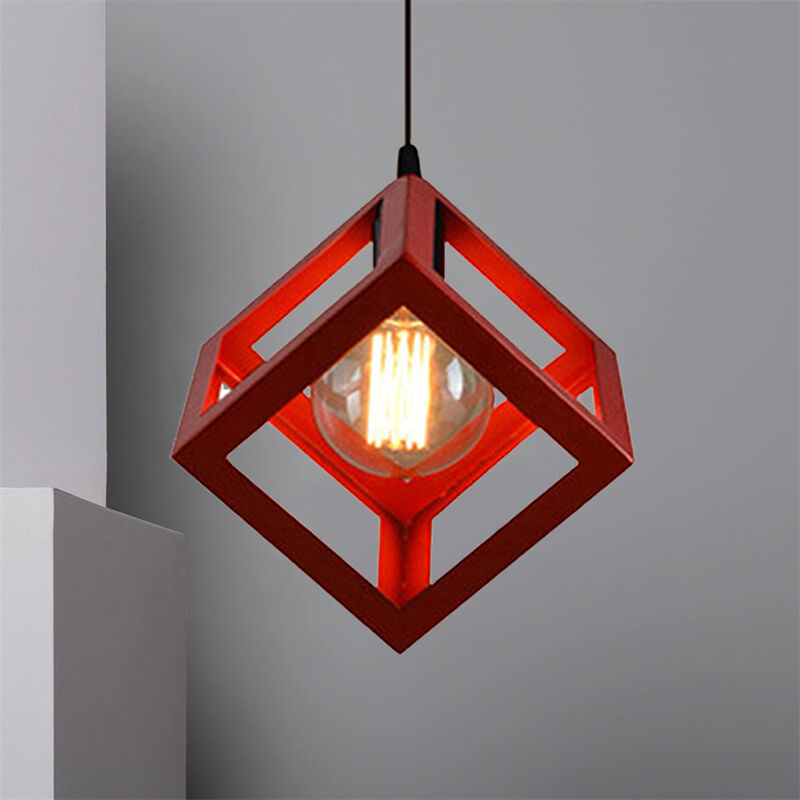 foto del prodotto lampada a sospensione creativo lampada da soffitto cubo lampadario con gabbia metallica e27 para soggiorno cucina camera da letto rosso