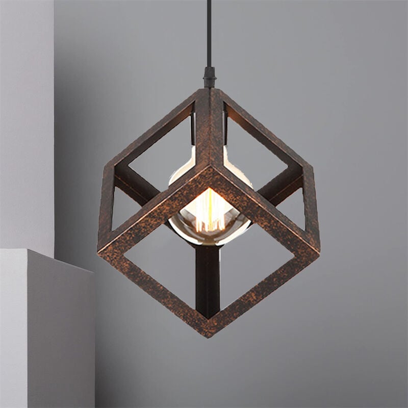 foto del prodotto lampada a sospensione creativo lampada da soffitto cubo lampadario con gabbia metallica e27 para soggiorno cucina camera da letto ruggine