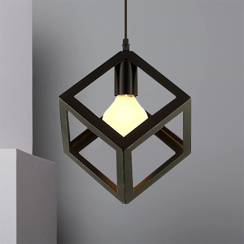 foto del prodotto lampada a sospensione, creativo lampada da soffitto in ferro, illuminazione con cubo gabbia per cucina sala da pranzo nero 