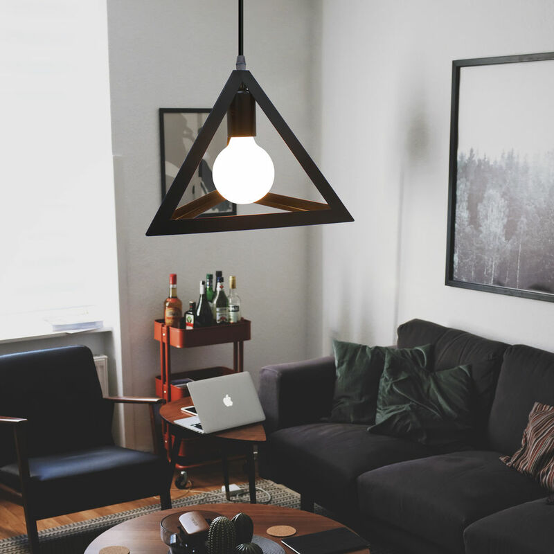 foto del prodotto lampada a sospensione creativo lampada da soffitto triangolo lampadario con gabbia metallica e27 para soggiorno cucina camera da letto nero