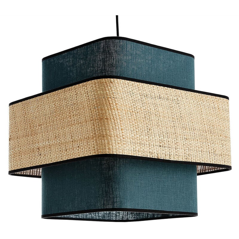 foto del prodotto lampada a sospensione cubo in lino blu anatra e fibra di rafia naturale l35 cm tera