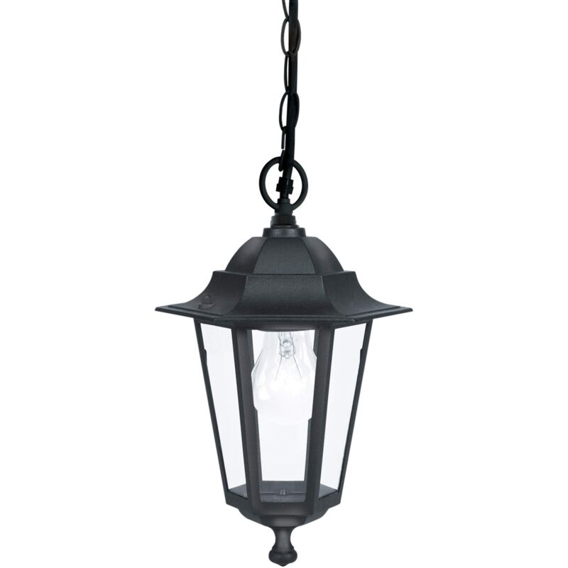 foto del prodotto lampada a sospensione da esterno laterna 4, lampada da esterno uno punto luce, lampada a sospensione in alluminio pressofuso e vetro, nero, e27, ip44
