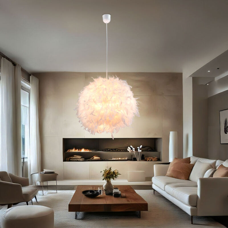 foto del prodotto lampada a sospensione da soffitto con piume d anatra bianca, lampada a sfera per soggiorno, sala da pranzo, in set con lampadine a led