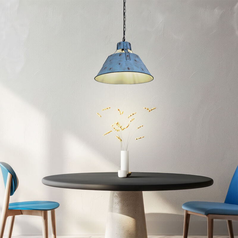 foto del prodotto lampada a sospensione da soffitto design industriale da soggiorno a sospensione azzurra in un set che include lampadine a led