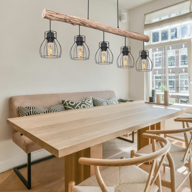 foto del prodotto lampada a sospensione da soffitto filament con travi in legno, griglia luminosa per soggiorno, in set comprensivo di lampadine a led
