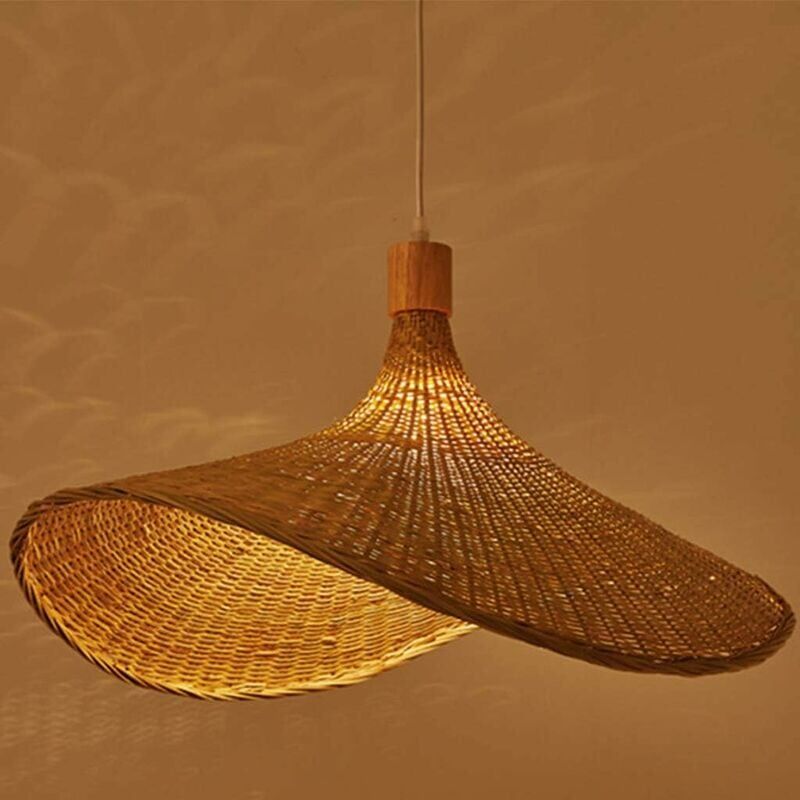 foto del prodotto lampada a sospensione da soffitto in bambù naturale intrecciato a mano a forma di cappello di paglia in stile francese per soggiorno, lampada a