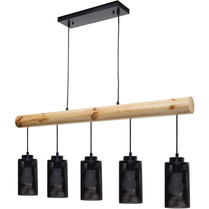 foto del prodotto lampada a sospensione da soffitto in stile vintage industriale in legno massello, metallo nero, 5 paralumi a tubo 040003600