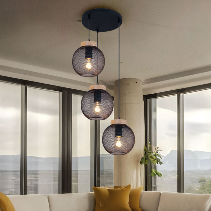foto del prodotto lampada a sospensione da soffitto lampada a sospensione vintage in metallo nero industriale, 3 lampadine, legno marrone, 3x prese e27, dxh 44x120 cm