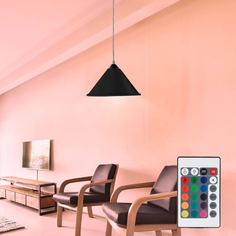 foto del prodotto lampada a sospensione da soffitto, soggiorno, lampada a sospensione, telecomando dimmer in un set che include lampadine a led rgb