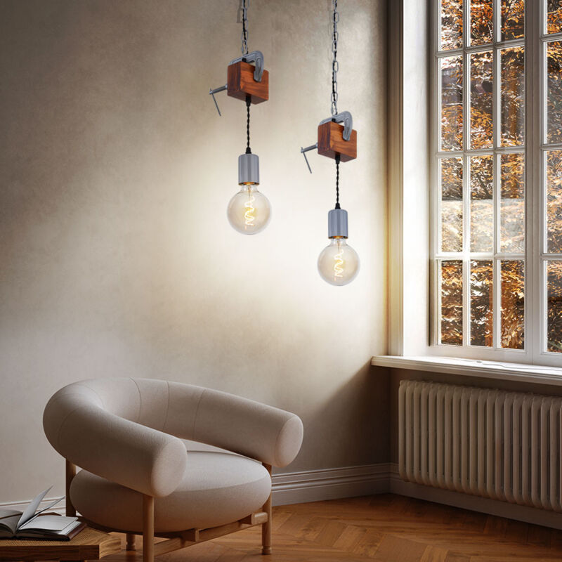 foto del prodotto lampada a sospensione da tavolo da pranzo in legno, lampada da soffitto retr vintage, morsetto a vite in metallo zincato, 1x attacco e27, lxh 14x120