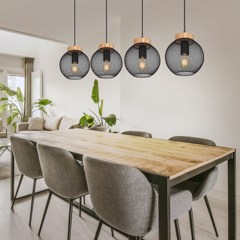 foto del prodotto lampada a sospensione design gabbia lampada a sospensione tavolo da pranzo lampada a sospensione in legno forma sferica, griglia in metallo nero,