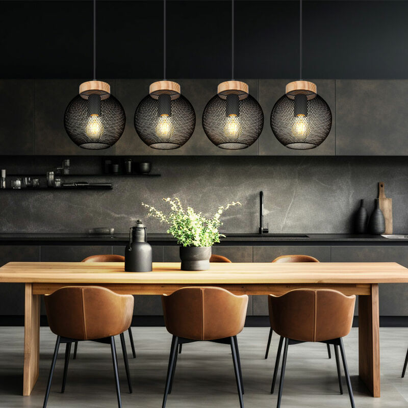 foto del prodotto lampada a sospensione design gabbia lampada a sospensione tavolo da pranzo lampada a sospensione in legno forma sferica, griglia in metallo nero,