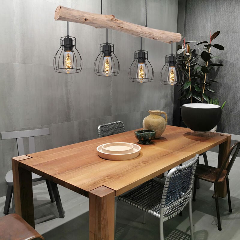 foto del prodotto lampada a sospensione design in legno con paralumi a griglia lampada a sospensione con travi in legno 4 fiamme, metallo nero legno naturale, 4x e27