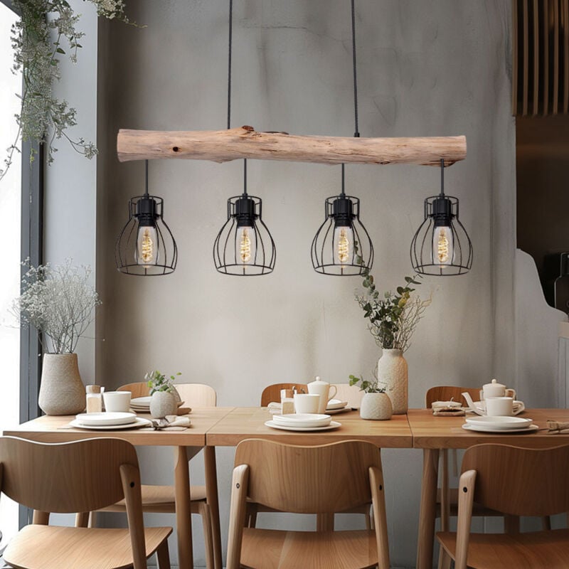 foto del prodotto lampada a sospensione design in legno con paralumi a griglia lampada a sospensione con travi in legno 4 fiamme, metallo nero legno naturale, 4x e27