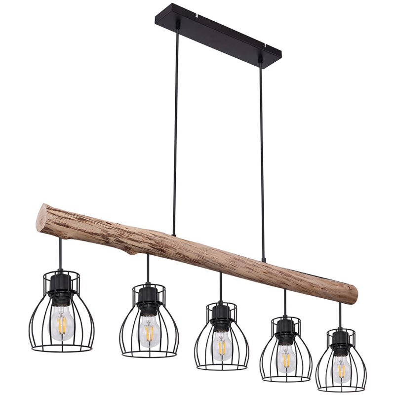 foto del prodotto lampada a sospensione design in legno con paralumi a griglia lampada a sospensione con travi in legno 5 fiamme, metallo nero legno naturale, 5x e27