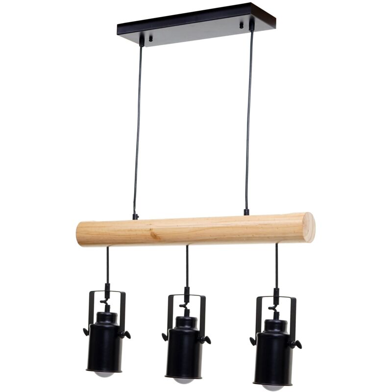 foto del prodotto lampada a sospensione design industriale vintage in legno massello metallo nero 3 paralumi 040004050
