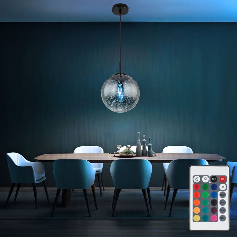 foto del prodotto lampada a sospensione dimmerabile con telecomando lampada a sospensione tavolo da pranzo lampada a sospensione in vetro fum retro, cambio colore