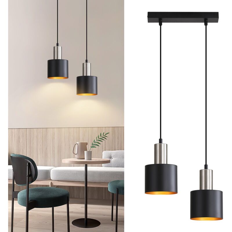 foto del prodotto lampada a sospensione e27 vintage gbly lampada da cucina a sospensione 2 lampadine nera dorata isola della cucina lampada industriale regolabile in