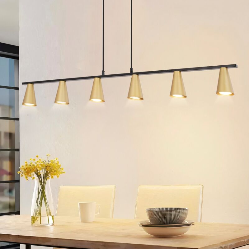 foto del prodotto lampada a sospensione gbly gu10 lampada da camera in oro nero a 6 lampadine, da pranzo moderna sospesa in metallo, lampada a sospensione lunga