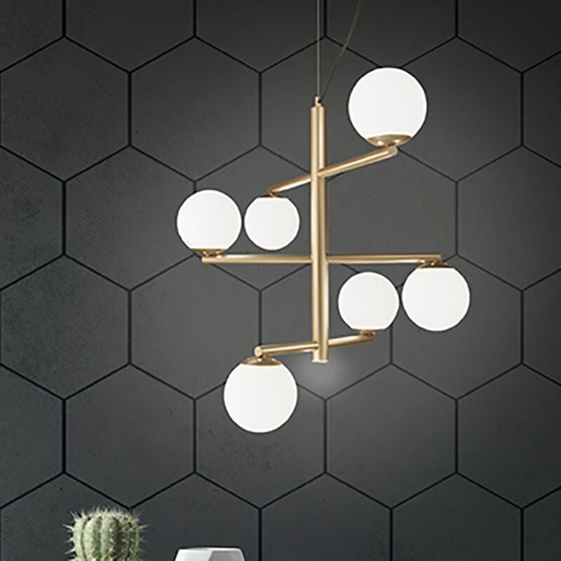 foto del prodotto lampada a sospensione gizah a 6 luci in metallo d76 cm con diffusori in vetro soffiato oro