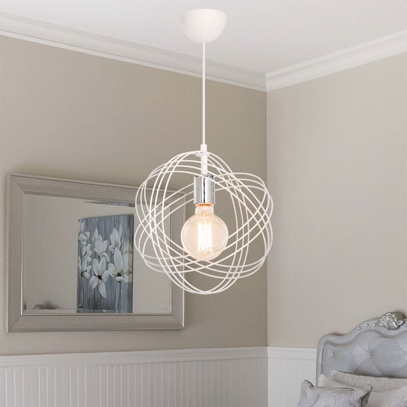 foto del prodotto lampada a sospensione hove con paralume a globo di cerchi in metallo bianco argento lux.pro