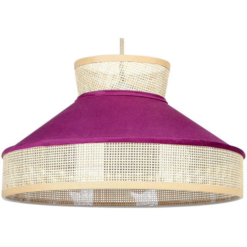foto del prodotto lampada a sospensione illuminazione rattan naturale paralume velluto fucsia batali