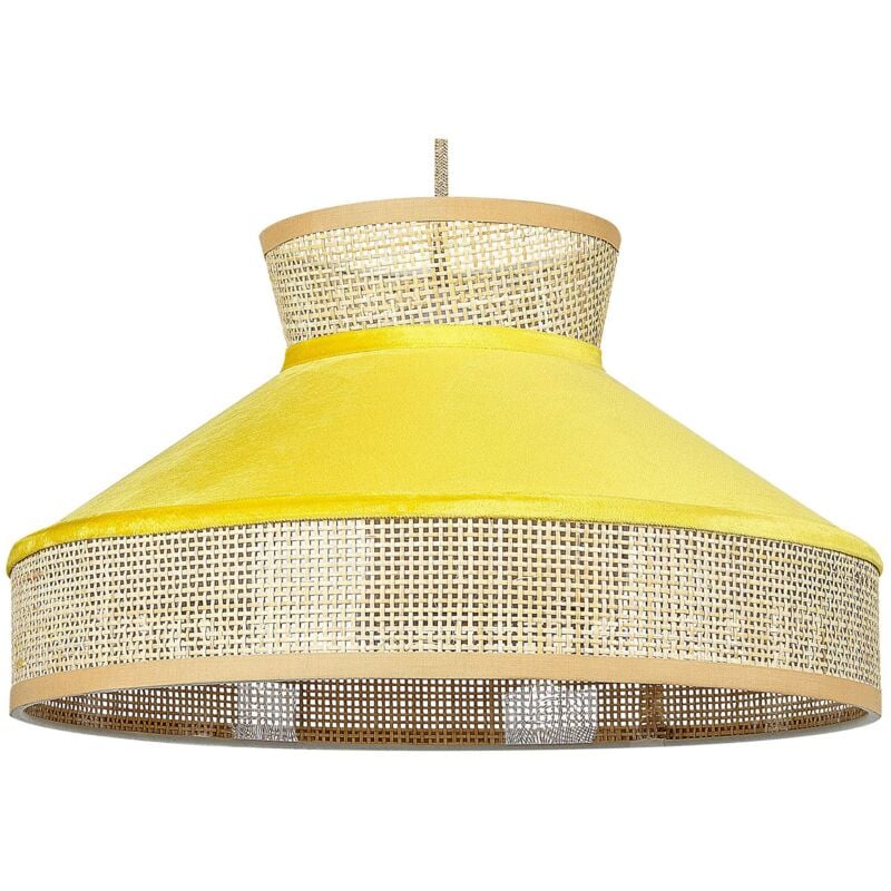 foto del prodotto lampada a sospensione illuminazione rattan naturale paralume velluto giallo batali