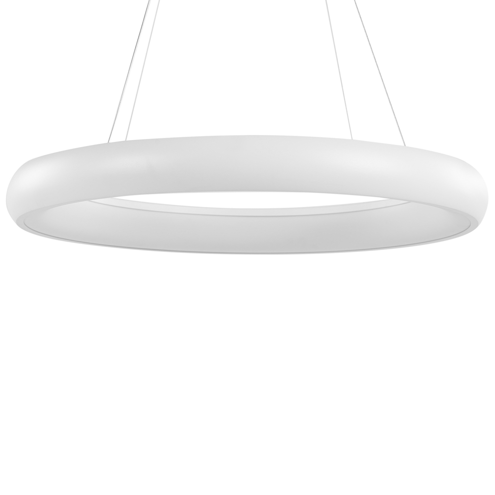 foto del prodotto lampada a sospensione in acciaio bianco in alluminio con luci a led integrate ad anello di forma rotonda a sospensione illuminazione