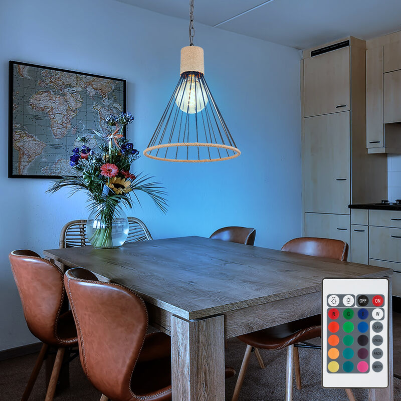 foto del prodotto lampada a sospensione in corda di canapa, catena luminosa, lampada a sospensione per sala da pranzo, design a gabbia, nero, dimmerabile con