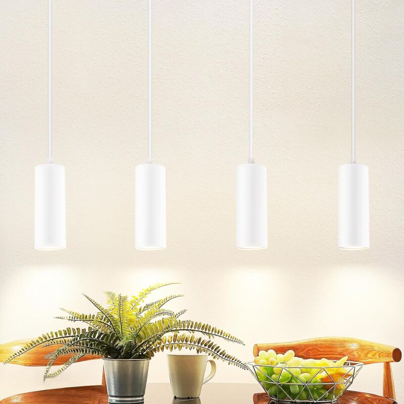 foto del prodotto lampada a sospensione in legno a 4 luci per tavolo da pranzo lampada a sospensione moderna regolabile in altezza in metallo bianco opaco gu10 led