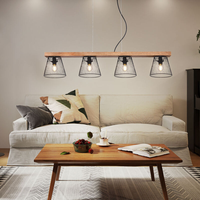 foto del prodotto lampada a sospensione in legno, lampada a sospensione a 4 luci, lampada da soggiorno nera con paralumi a traliccio, metallo, legno, marrone nero, 4