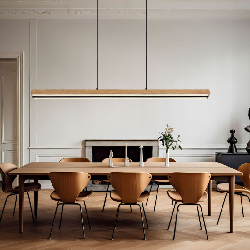 foto del prodotto lampada a sospensione in legno lampada a sospensione per tavolo da pranzo a led in legno rustico, funzione memoria a 3 livelli, aspetto legno nero