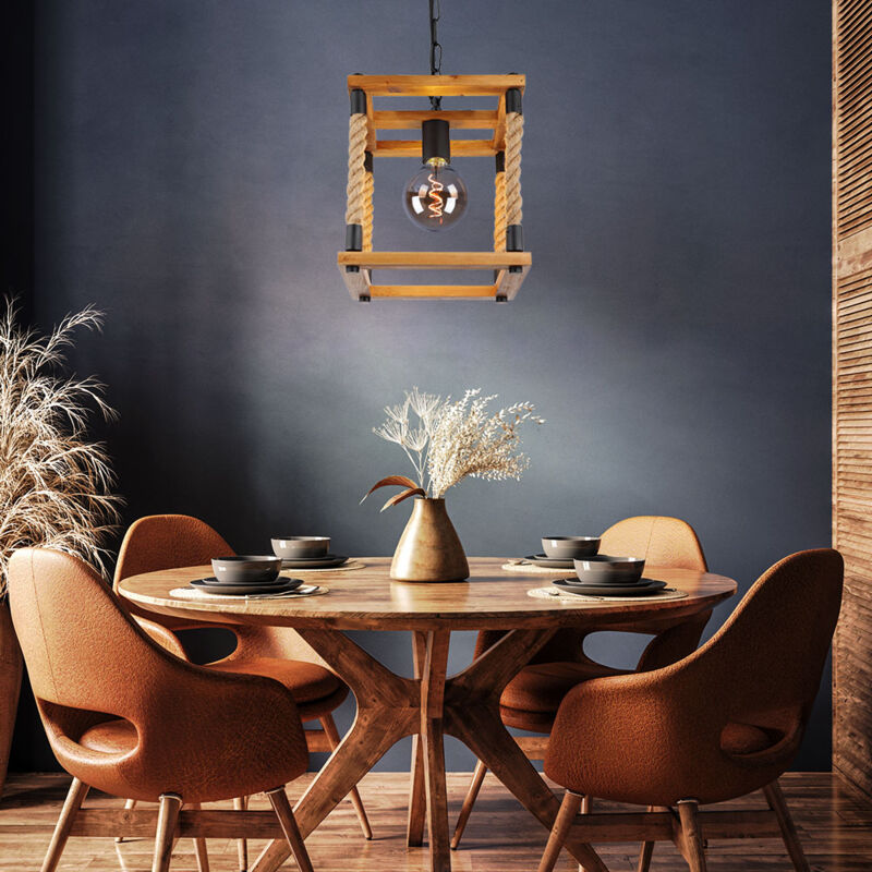 foto del prodotto lampada a sospensione in legno lampada da sala da pranzo lampada a sospensione in corda di canapa struttura in legno, metallo nero colore naturale,