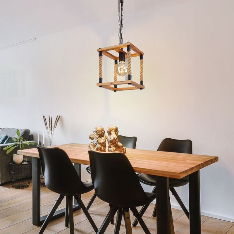 foto del prodotto lampada a sospensione in legno per sala da pranzo, lampada a sospensione in corda di canapa, lampada da soggiorno, struttura in legno, metallo nero