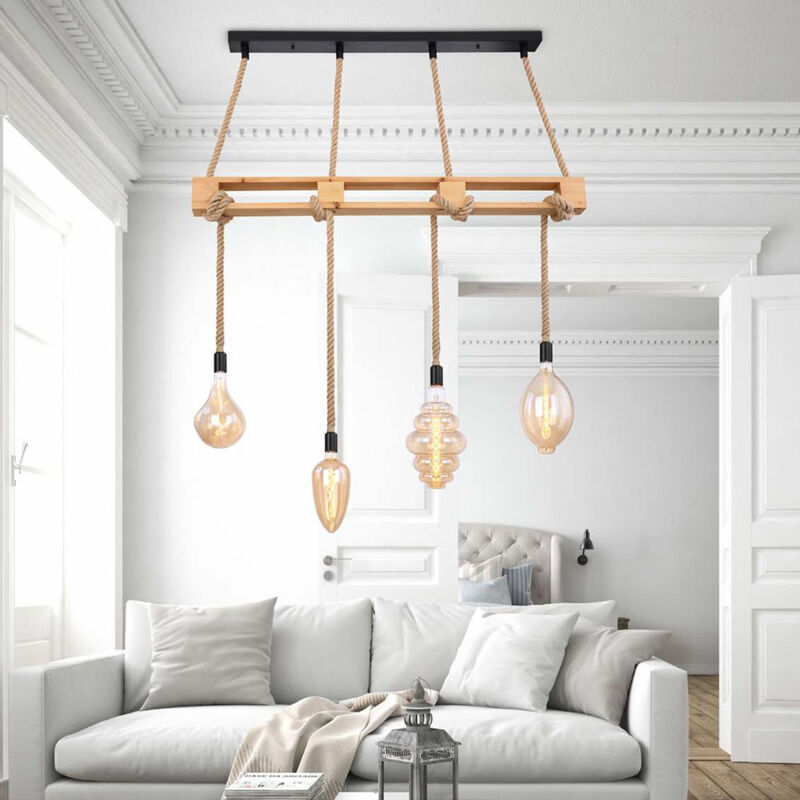 foto del prodotto lampada a sospensione in legno per sala da pranzo, lampada a sospensione in legno, corda di canapa leggera, naturale, 4 prese e27, lxlxh 120x10x120 cm