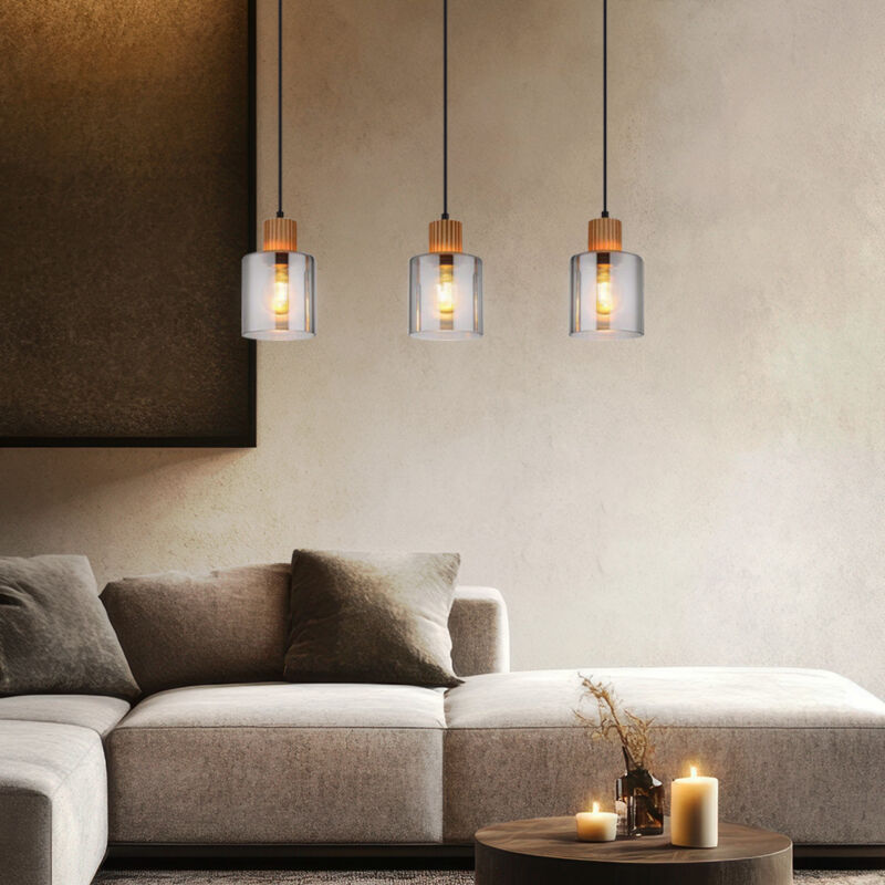 foto del prodotto lampada a sospensione in legno retro lampada a sospensione in vetro fum nero, regolabile in altezza, metallo, 3x 7w 806lm bianco caldo, lxlxh
