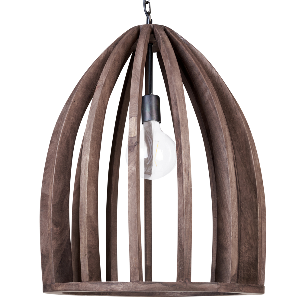 foto del prodotto lampada a sospensione in legno scuro con paralume in legno naturale plafoniera in stile boho accessori per la casa fatti a mano
