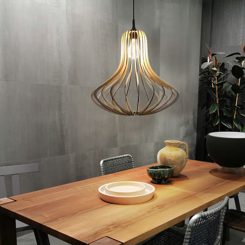 foto del prodotto lampada a sospensione in legno vintage con paralume in legno lampada a sospensione a lamelle, design vintage in legno naturale curvato nero, 1x