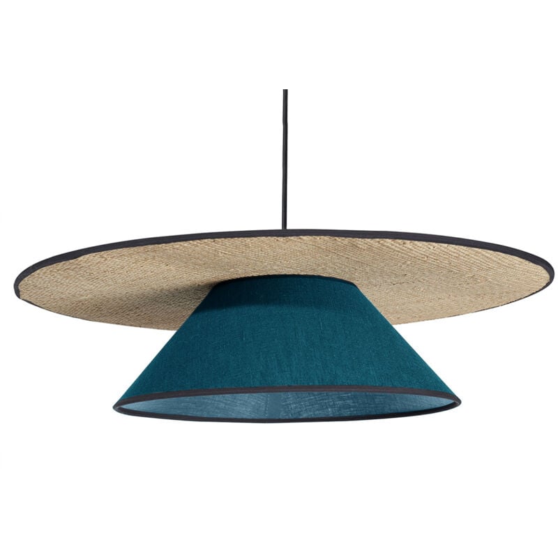 foto del prodotto lampada a sospensione in lino blu pavone e rafia naturale d55 cm azami